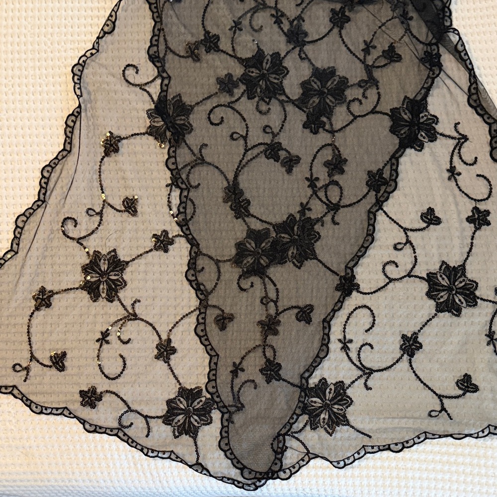 Elegant Sheer Black Floral Lace Scarf with Sequins
